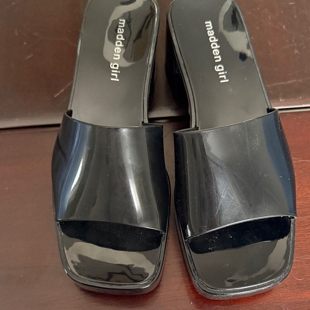 Madden Girl Glossy Black Mules